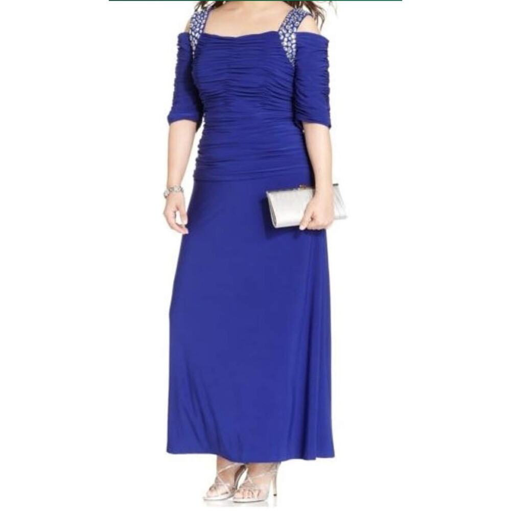 Alex Evenings Plus Size 14 Cobalt Blue Cold Shoulder Embellished Ruched Gown NWT - Picture 1 of 14